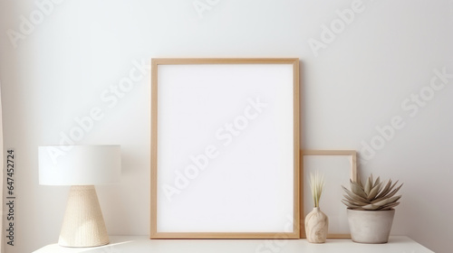 Empty Frame Mockup, Blank Canvas Poster Template Standing on Desk, Cozy Interior. Generative AI