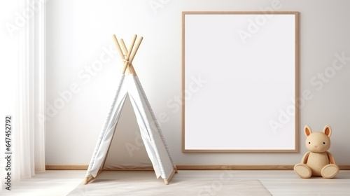 Empty Frame Mockup, Blank Canvas Poster Template in Children Room, Kid Bedroom, Nursery Interior. Generative AI