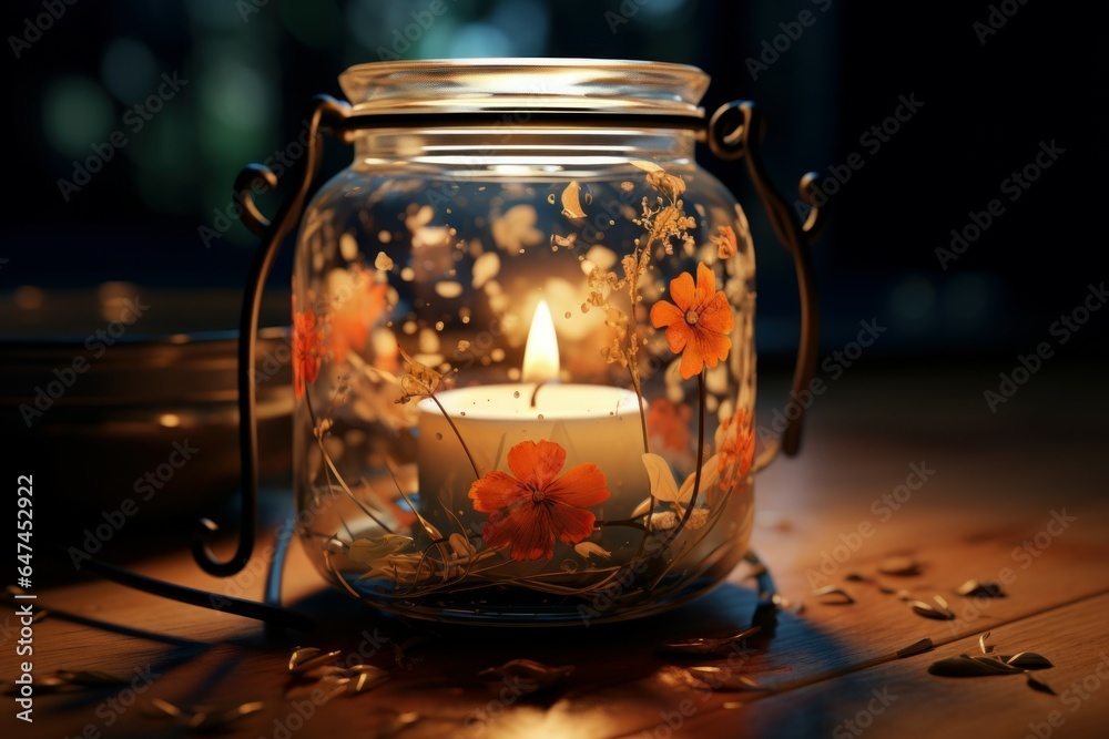 Aromatic Candle jar burning. Wax decor. Generate Ai Aromatic Candle jar burning. Wax decor. Generate Ai