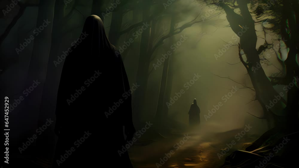 A sinister figure cloaked in shadow lurks amid the dense fog of a dank forest.. A sinister figure cloaked in shadow lurks amid the dense fog of a dank forest..