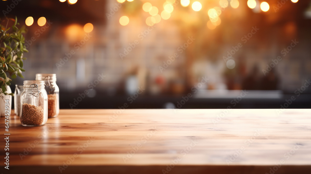Empty Wooden Table Surface with Blurred Kitchen Background, Blank Wood Desk Mockup. Generative AI Empty Wooden Table Surface with Blurred Kitchen Background, Blank Wood Desk Mockup. Generative AI