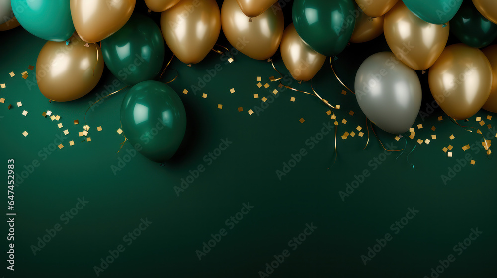 Golden and Green Balloons with Green Background, Celebration, Festive, Birthday Party, Copy Space. Generative AI