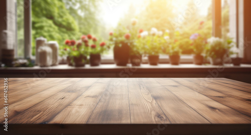 Empty Wooden Table Surface with Blurred Kitchen Background, Blank Wood Desk Mockup. Generative AI