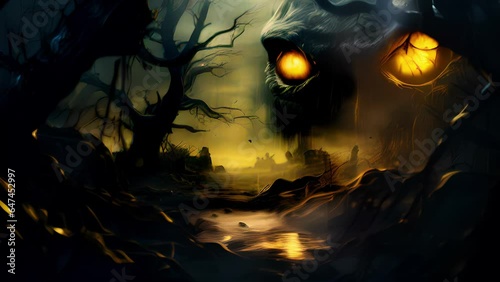A pair of yellow eyes gleam from the depths of a fogshrouded graveyard revealing a hidden supernatural presence lurking in the shadows..