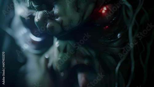 undead creature lurks in the shadows its red eyes illuminating a deathly gaze..