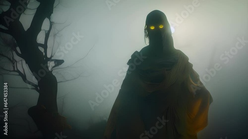An insubstantial spirit skulks through a thick fog its baleful yellow eyes glowing.. photo