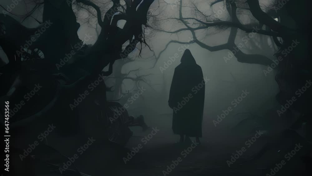 A solitary figure cloaked in darkness navigating a winding treelined path shrouded in eerie fog.. A solitary figure cloaked in darkness navigating a winding treelined path shrouded in eerie fog..