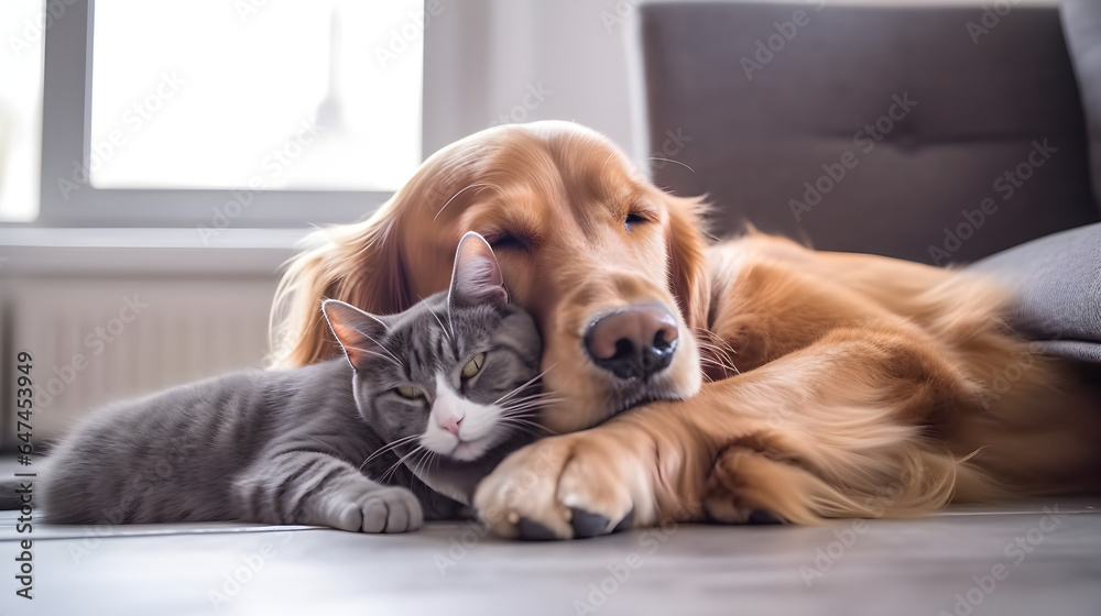 Cozy Dog and Cat Snuggling on a Sofa Together - A Display of Inter-Species Friendship and Comfort in a Home Setting