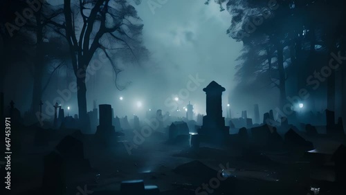 A foggy cemetery in the dead of night lightning flashing between distant trees revealing an otherworldly atmosphere..