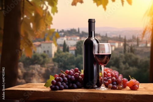 Glass of fresh chilled ice red or rose wine with grapes and bottle on a sunny background. Italy during a autumn sunset. Drink for party  wine shop or wine tasting concept with copy space