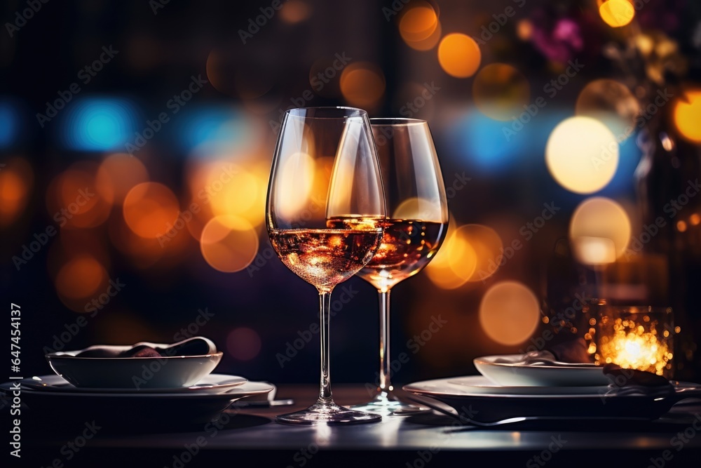 Two glasses of champagne on dark background with lights bokeh, glitter and sparks. Christmas celebration concept with space for text Two glasses of champagne on dark background with lights bokeh, glitter and sparks. Christmas celebration concept with space for text