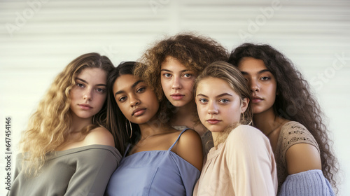Diversity group of girls on white background studio shot. Young women of different nationalities. Studio portrait for Beauty industry.