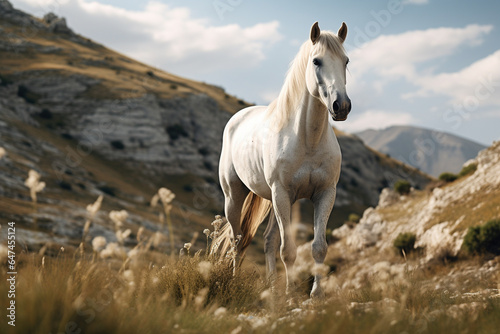 Cavalo branco na montanha no estilo lend  rio - Papel de parede 