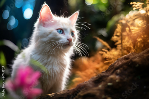 Gatinho branco e fofo na floresta tropical colorida 