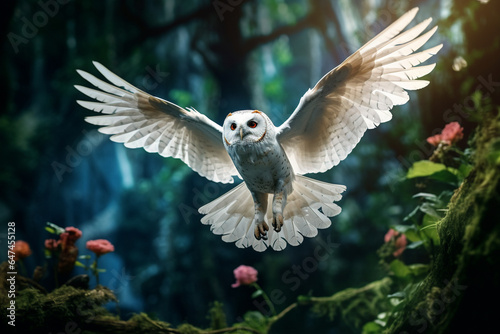 Coruja branca voando na floresta com a luz do sol e temática lendária  © vitor