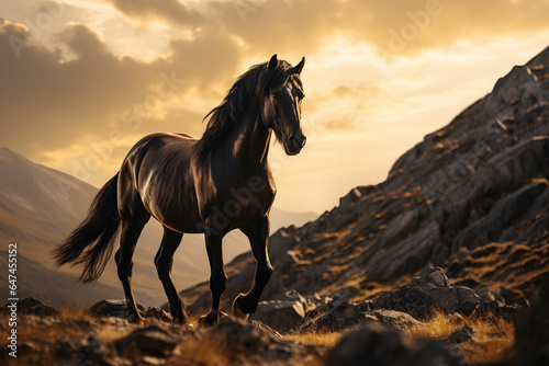 Cavalo preto na montanha - Papel de parede lendario © vitor