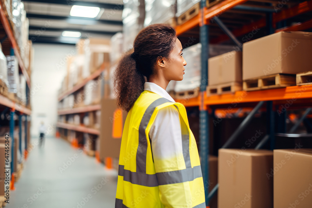 African American female warehouse worker conducting inventory check on product shelves, organized and efficient