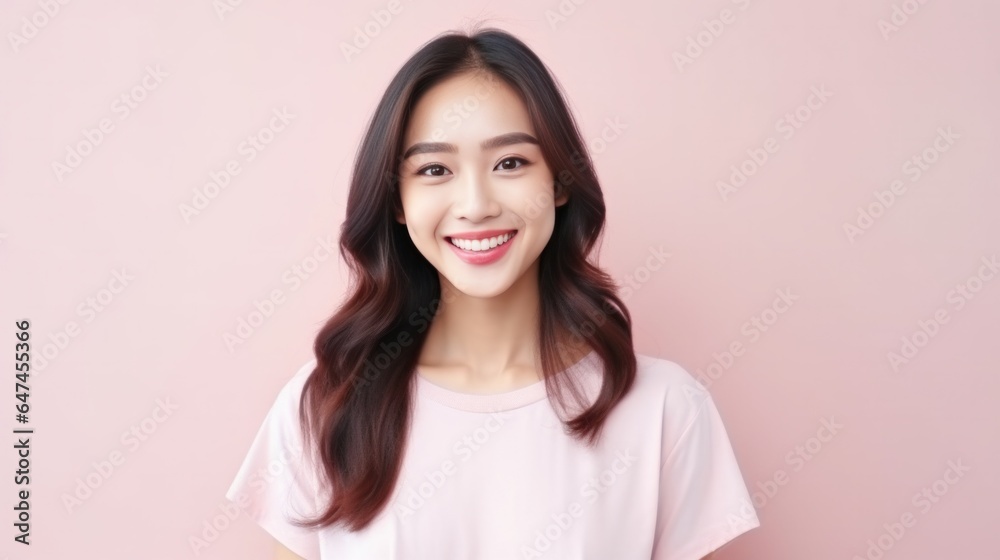 Smiling fancy fascinating young woman of Asian ethnicity 20s years old on plain pastel light pink background. People emotions lifestyle concept. Smiling fancy fascinating young woman of Asian ethnicity 20s years old on plain pastel light pink background. People emotions lifestyle concept.