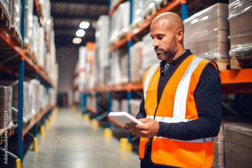African American male warehouse worker conducting inventory check on product shelves, organized and efficient