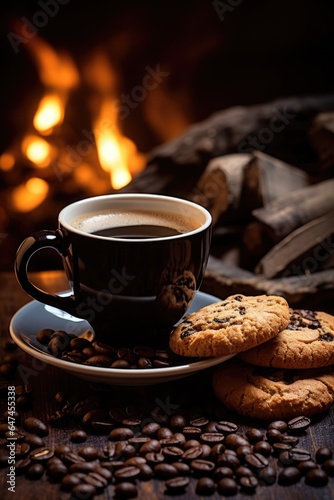 Black hot coffee cup and chocolate chip cookies on dark wood table. Mug with espresso on dark background with fireplace. Warm winter atmosphere. Banner with hot drink