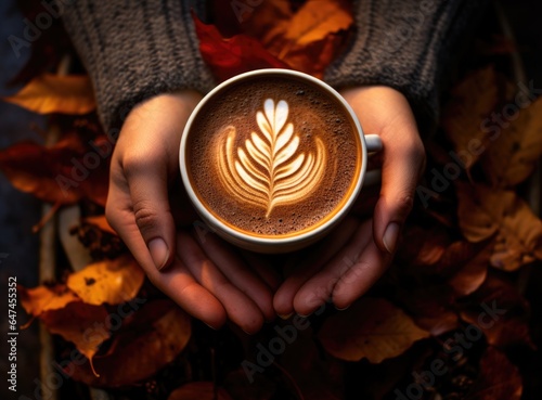 Cup of coffee in a woman s hand in a sweater on the brown background with yellow and orange falling maple leaves. Hot drink  latte art. Hello autumn  fall concept. Flat lay template