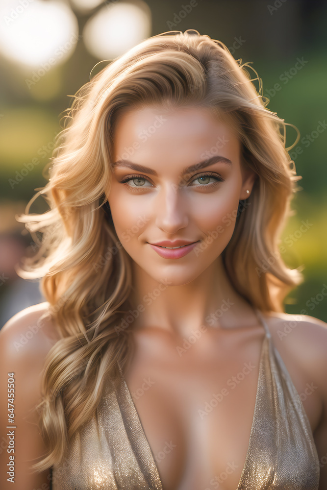 Portrait of attractive blonde woman in an elegant golden dress with glitter, perfect hairstyle, outdoors, Glamour photography, fashion model, Elegance Portrait of attractive blonde woman in an elegant golden dress with glitter, perfect hairstyle, outdoors, Glamour photography, fashion model, Elegance
