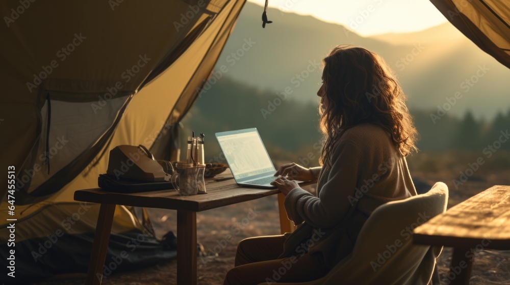 Businesswoman working online with her teamwork while she goes camping.