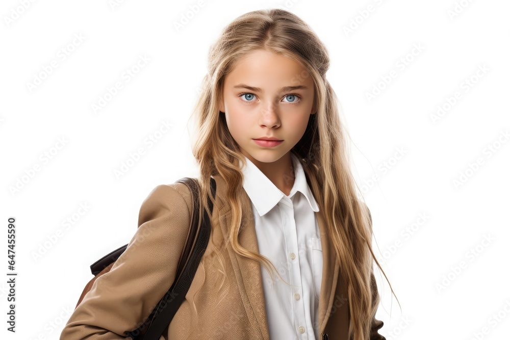 Schoolgirl with backpack and textbooks in a white background Schoolgirl with backpack and textbooks in a white background