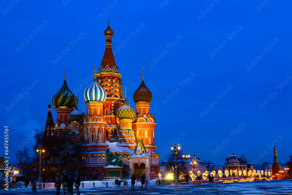 Night winter view of St. Basil's Cathedral on Red Square in Moscow at Christmas, Russia
