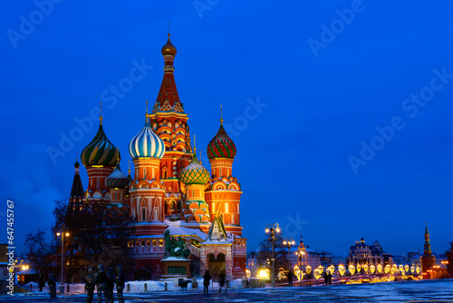 Night winter view of St. Basil s Cathedral on Red Square in Moscow at Christmas  Russia