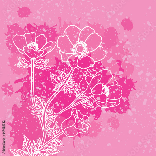 White linear illustration of anemone flowers with pink spots and dots. Month of Pink October. Vectors isolated on pink background.