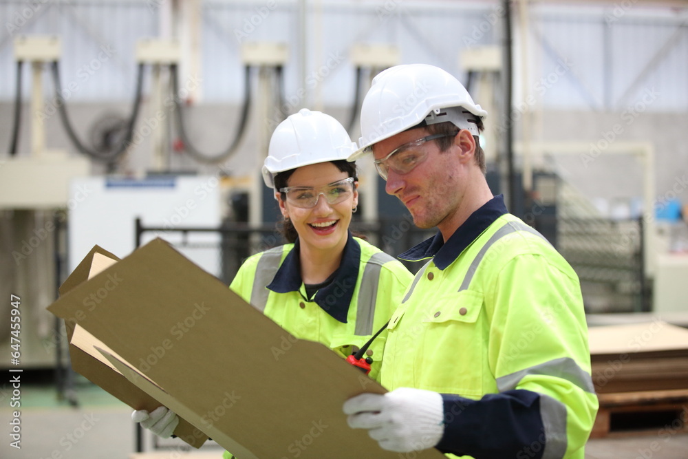 worker or engineer working in factory with safety uniform , safety hat and safety glasses , image is safety concept or happy workplace worker or engineer working in factory with safety uniform , safety hat and safety glasses , image is safety concept or happy workplace