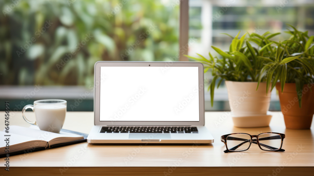 Blank White Screen Laptop Mockup on Wooden Desk, Empty Computer Display Template with Office Background. Generative AI Blank White Screen Laptop Mockup on Wooden Desk, Empty Computer Display Template with Office Background. Generative AI
