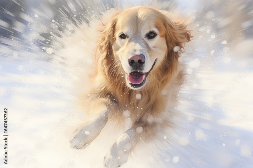 Banner with cute white dog running outdoor in winter snowy park. Happy smiling golden retriever. Funny pet on the walk