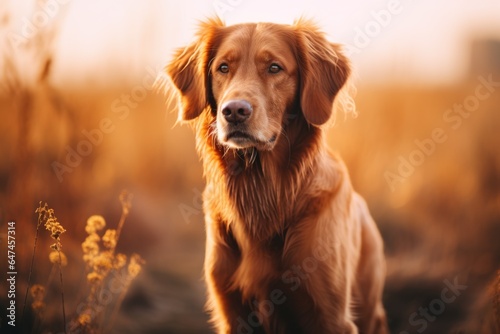 Closeup portrait of a purebred dog wearing a brown leather collar outdoors in field in fall season. Happy smiling golden retriever dog on a walk. Banner with cute funny pet