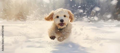 Banner with cute white dog running outdoor in winter snowy park. Happy smiling shihpoo poodle puppy. Funny pet on the walk photo