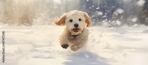 Banner with cute white dog running outdoor in winter snowy park. Happy smiling shihpoo poodle puppy. Funny pet on the walk