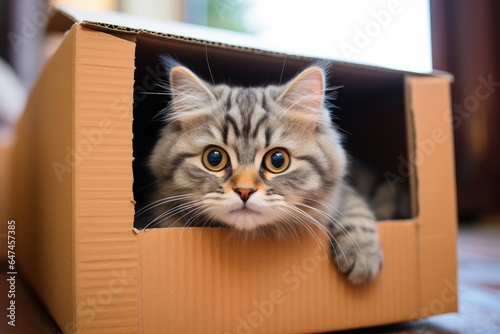 Cute grey tabby cat looking out of paper box on floor at home. Cardboard box with funny pet. Moving to a new house or relocation concept