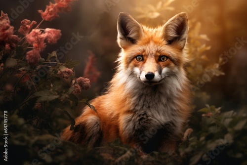 Cute red fox sitting on autumn field with wildflowers. Beautiful animal in the nature habitat. Wildlife scene from the wild nature. Wallpaper, beautiful fall background