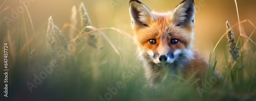 Banner with cute red fox sitting on autumn field with wildflowers. Beautiful vulpes vulpes animal in the nature habitat. Wildlife scene from the wild nature. Wallpaper, beautiful fall background