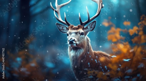 Red deer stag in the winter forest. Noble deer male. Banner with beautiful animal in the nature habitat. Wildlife scene from the wild nature landscape. Wallpaper, Christmas background