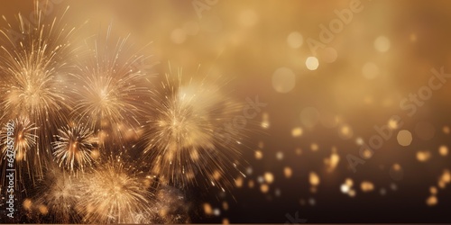 festive golden fireworks sparklers background, abstract golden new year 2024 banner luxury celebration, gold bokeh lights sparkles