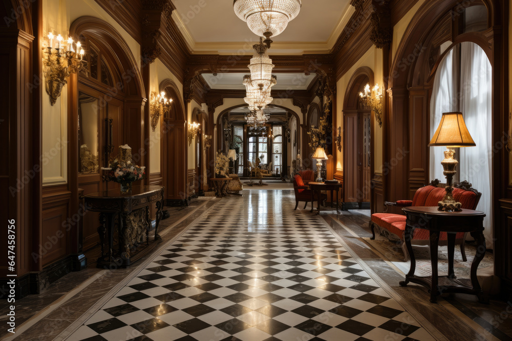 A Majestic Colonial Style Hallway Interior with Ornate Chandeliers, Intricate Woodwork, and Vintage Furnishings