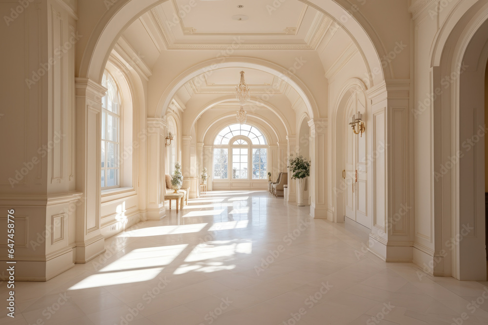 A Serene and Elegant Ivory-Colored Hallway Interior with Classic Architecture and Soft Illumination