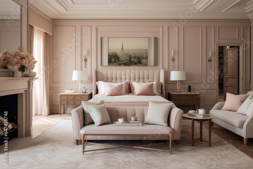 Dreamy Haven: A Serene Bedroom Interior Immersed in Delicate Pale Pink Hues, Exuding Tranquility and Elegance