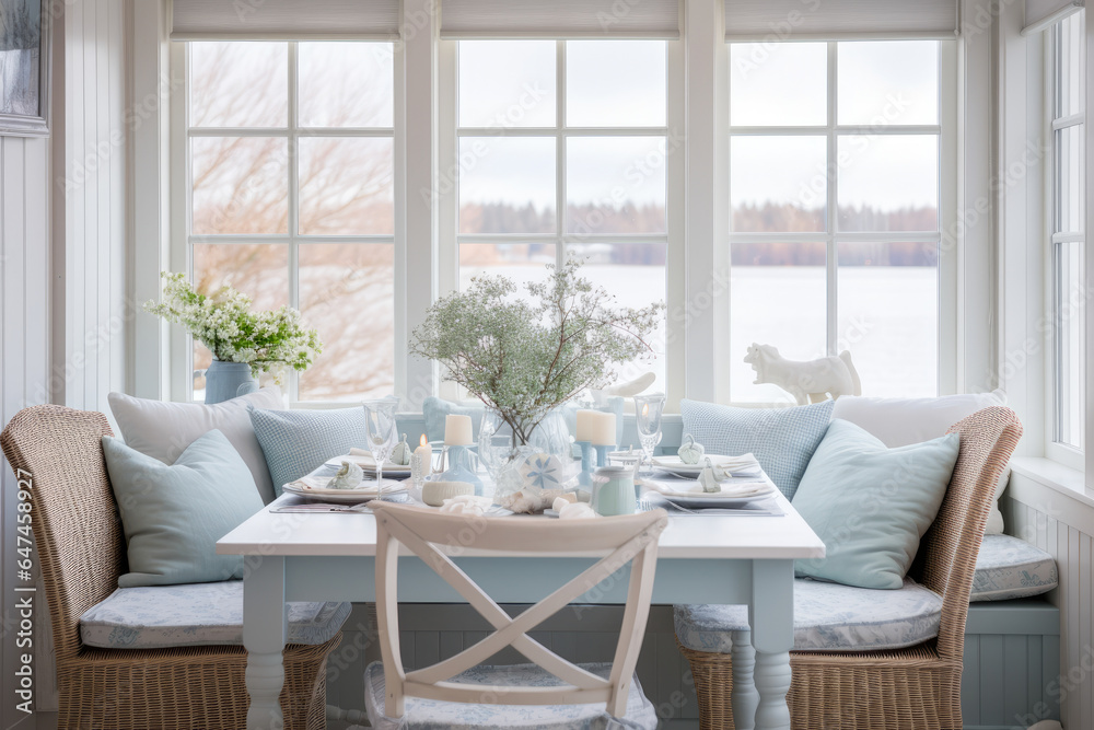 Elegant Coastal Charm: A Serene Scandinavian Dining Room with Light Blue and White Colors