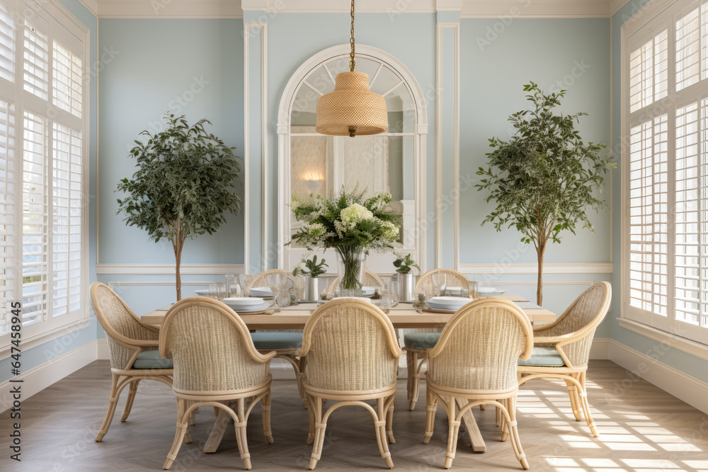 Elegant French Country Coastal Dining Room with Soft Pastels and Nautical Accents Creates a Serene Ambiance