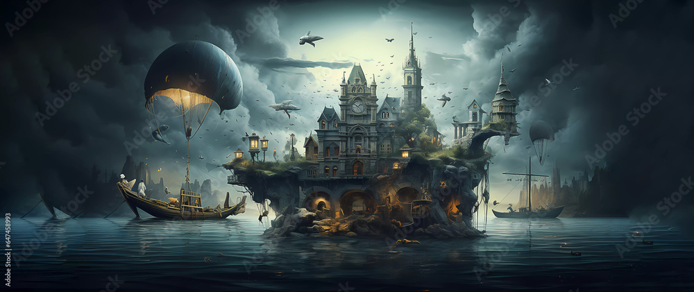Fantastic. City at sea. Ships. Banner. Wallpaper. Generated AI. Edited in Photoshop Fantastic. City at sea. Ships. Banner. Wallpaper. Generated AI. Edited in Photoshop