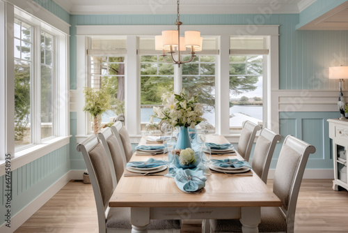 Elegant Coastal Cottage Chic Dining Room Interior featuring Light Blue and White Colors, Creating a Serene and Relaxing Atmosphere