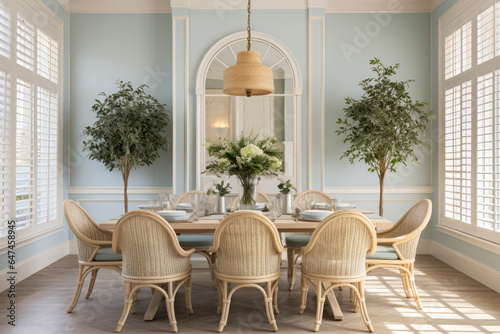 Elegant French Country Coastal Dining Room with Soft Pastels and Nautical Accents Creates a Serene Ambiance © aicandy